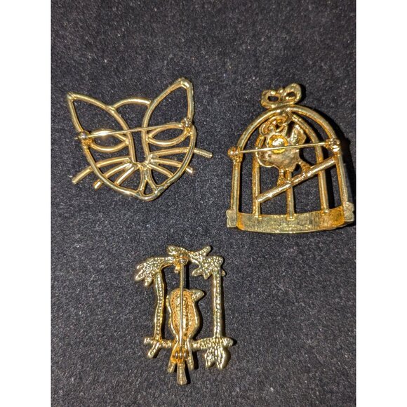 Gold-Tone Cat & Birdcage Pins Set Of 3 - Picture 2 of 7